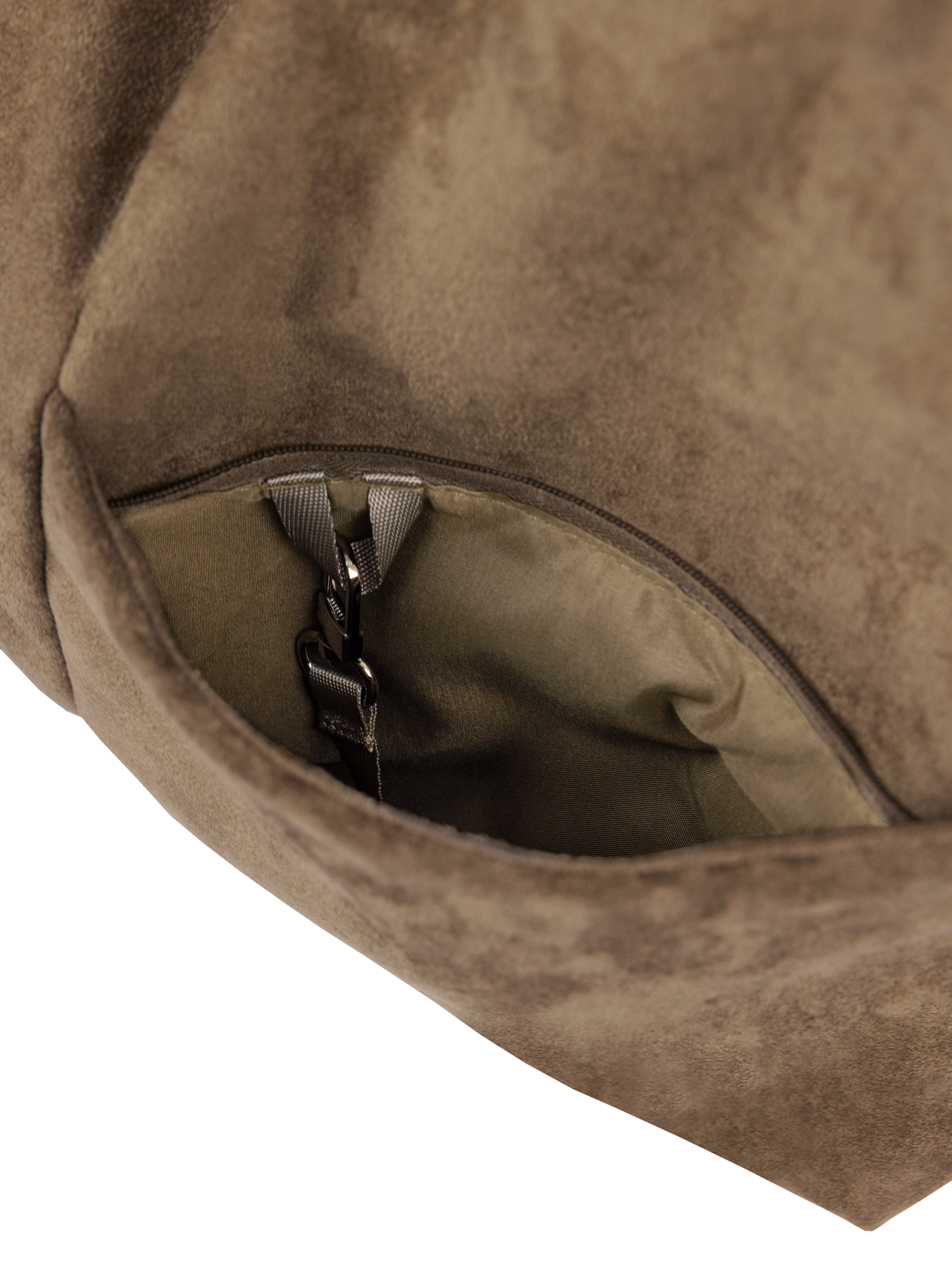 Exterior pocket of the Arc hobo-style bag in grey-beige suede, with concealed snap loop