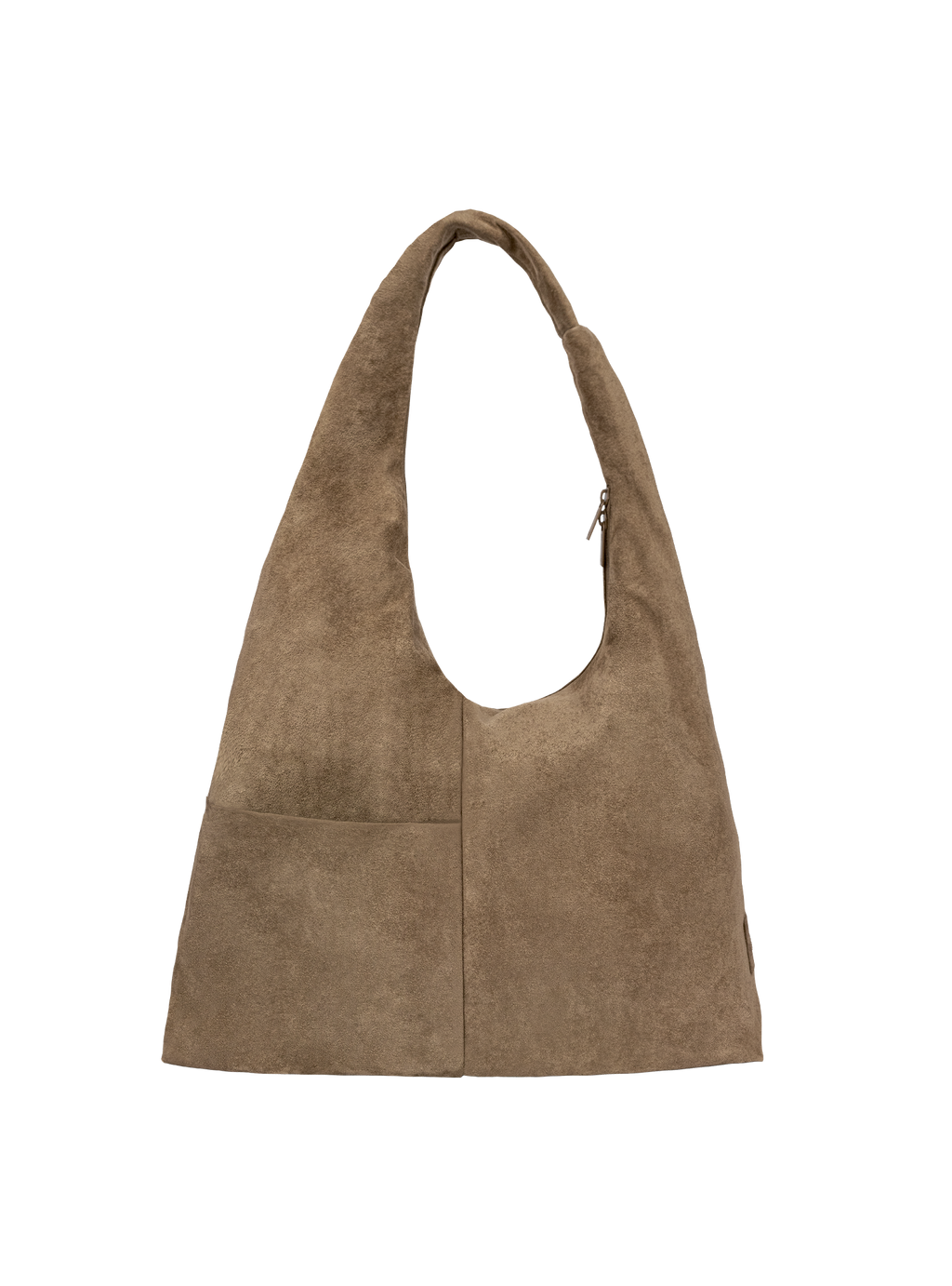 The Arc slouchy hobo-style bag in grey-beige suede with exterior pockets