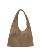 The Arc slouchy hobo-style bag in grey-beige suede with exterior pockets