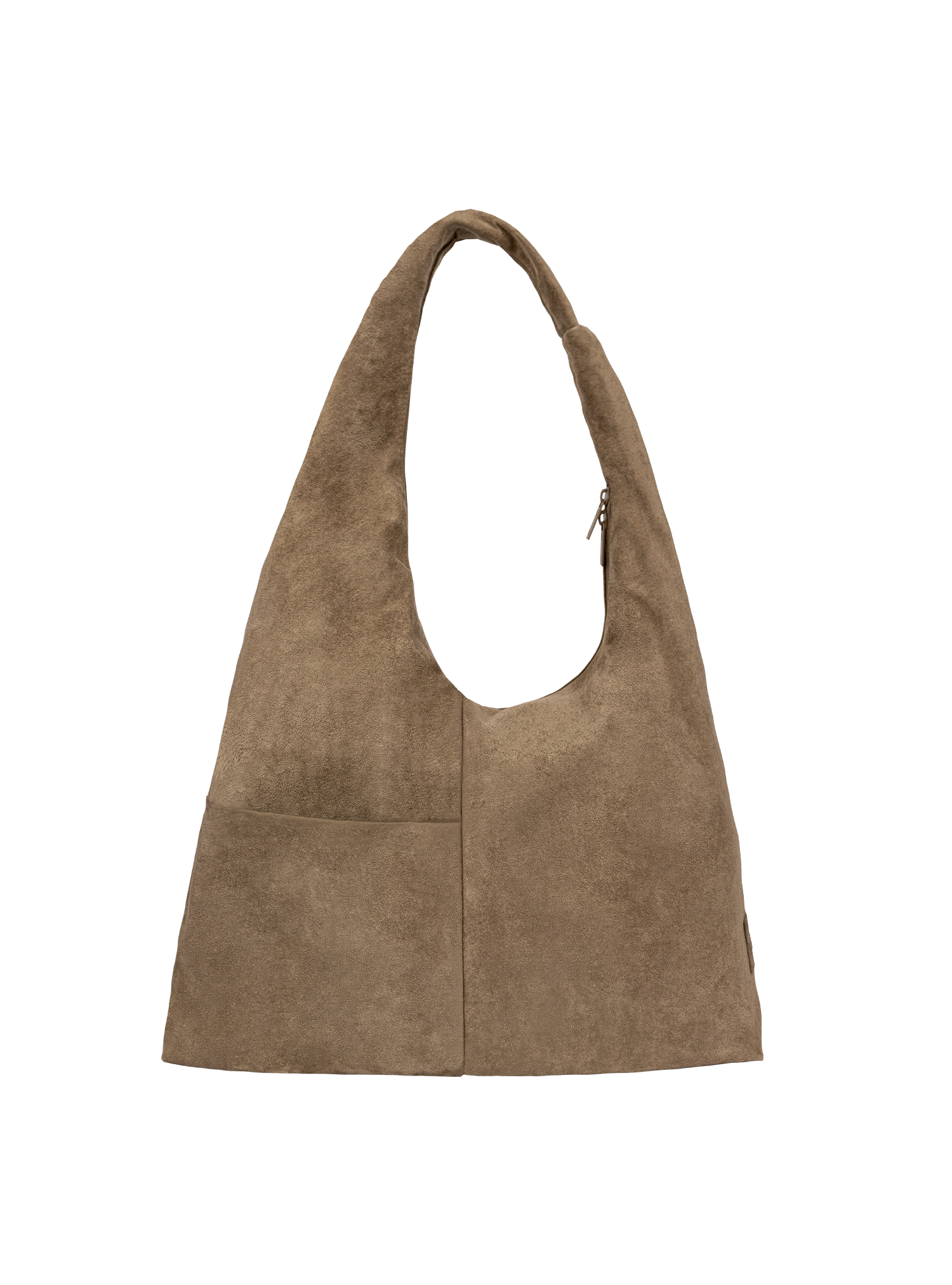 The Arc slouchy hobo-style bag in grey-beige suede with exterior pockets